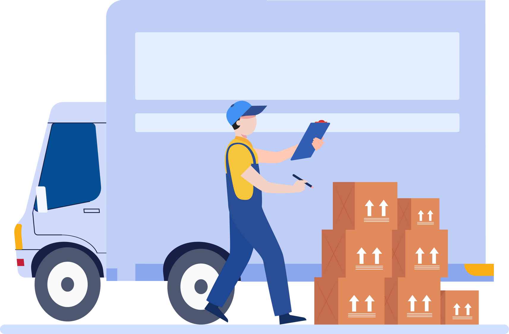 Worker Check inventories before shipping, Worldwide shipping cargo courier delivery truck